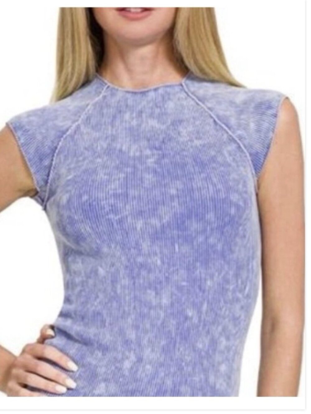 Zenana Ribbed capped sleeve washed Blue Top Size L/XL NEW